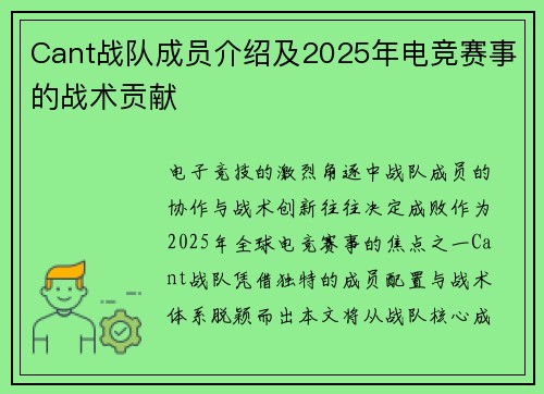 Cant战队成员介绍及2025年电竞赛事的战术贡献